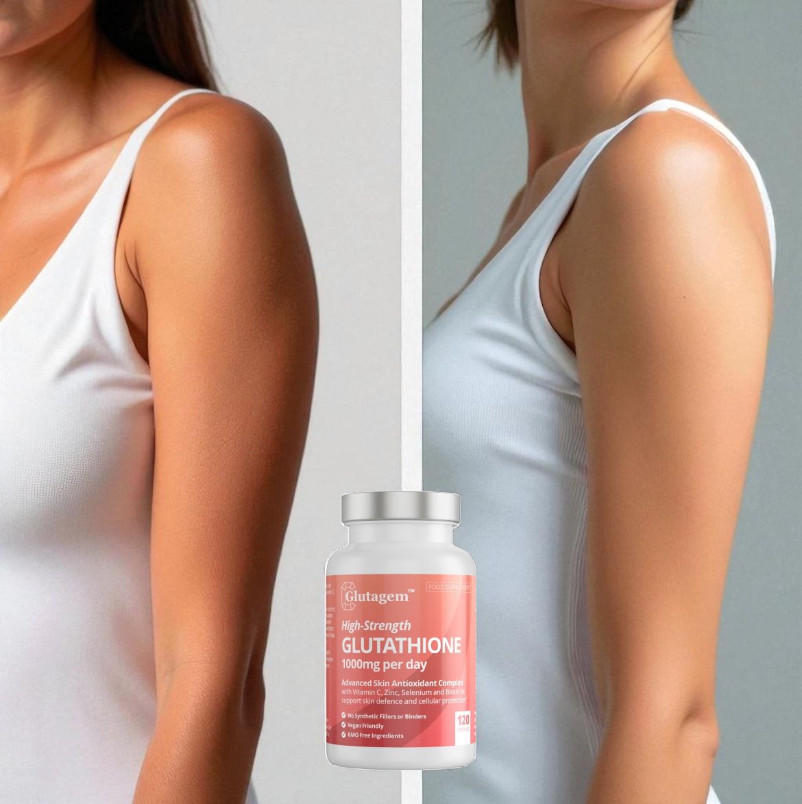 Woman in a 'before & after' pair of photos with lighter skin the after photo from using Glutagem High Strength Glutathione.