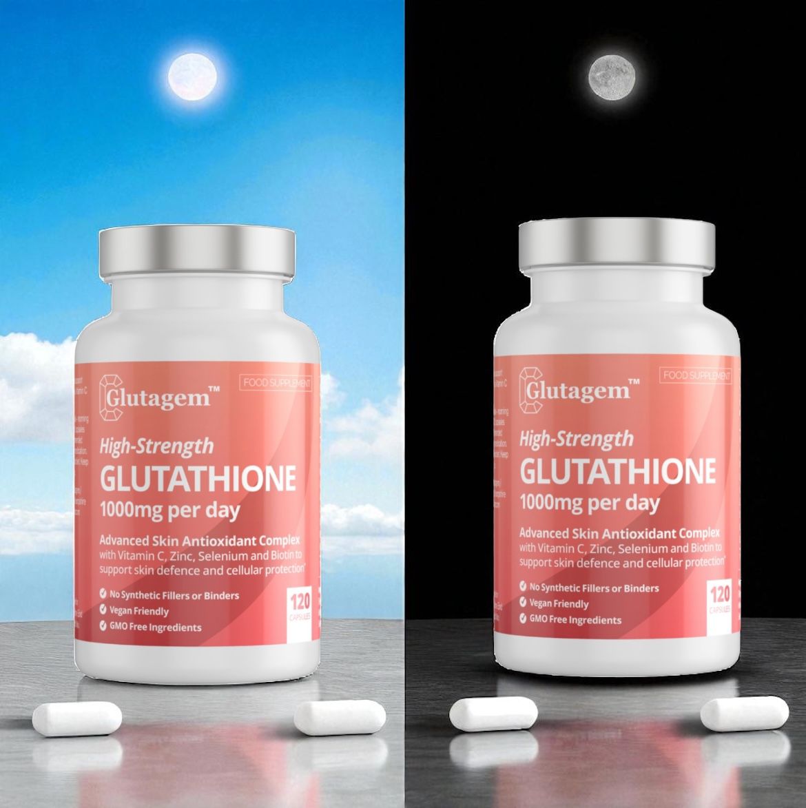 Glutagen High-Strength Glutathione supplement bottle with tablets on a reflective surface, day and night sky background suggesting when to take your dosage.