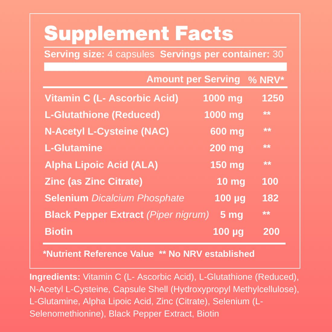 Close-up of Glutagem Supplement Facts panel on a pink background with nutritional info, ingredients, dosage guidance and label details on antioxidant glutathione supplement