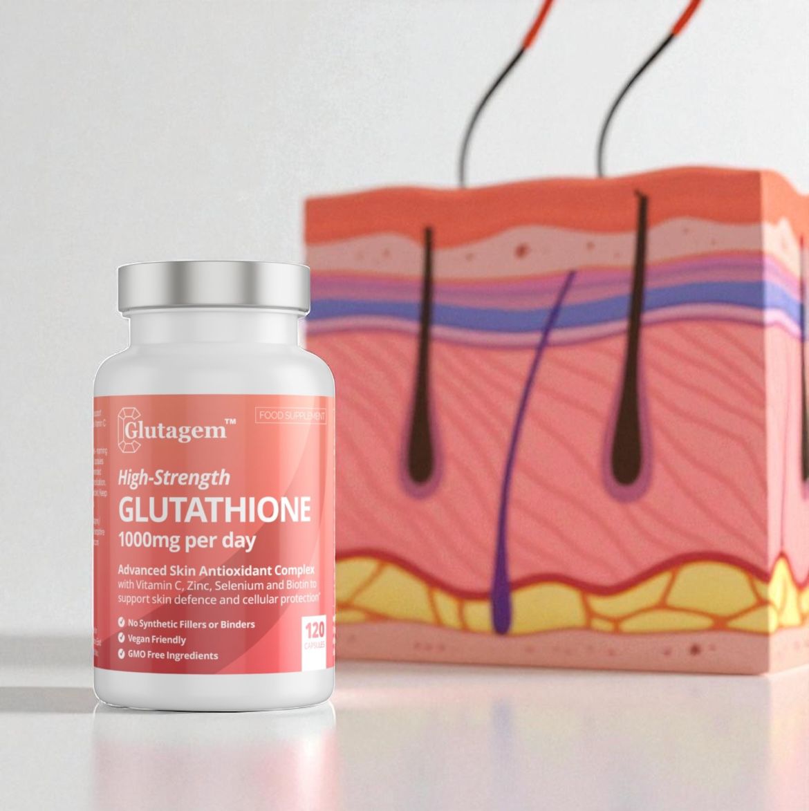 Glutagem Glutathione supplement bottle with a skin cross-section model in the background