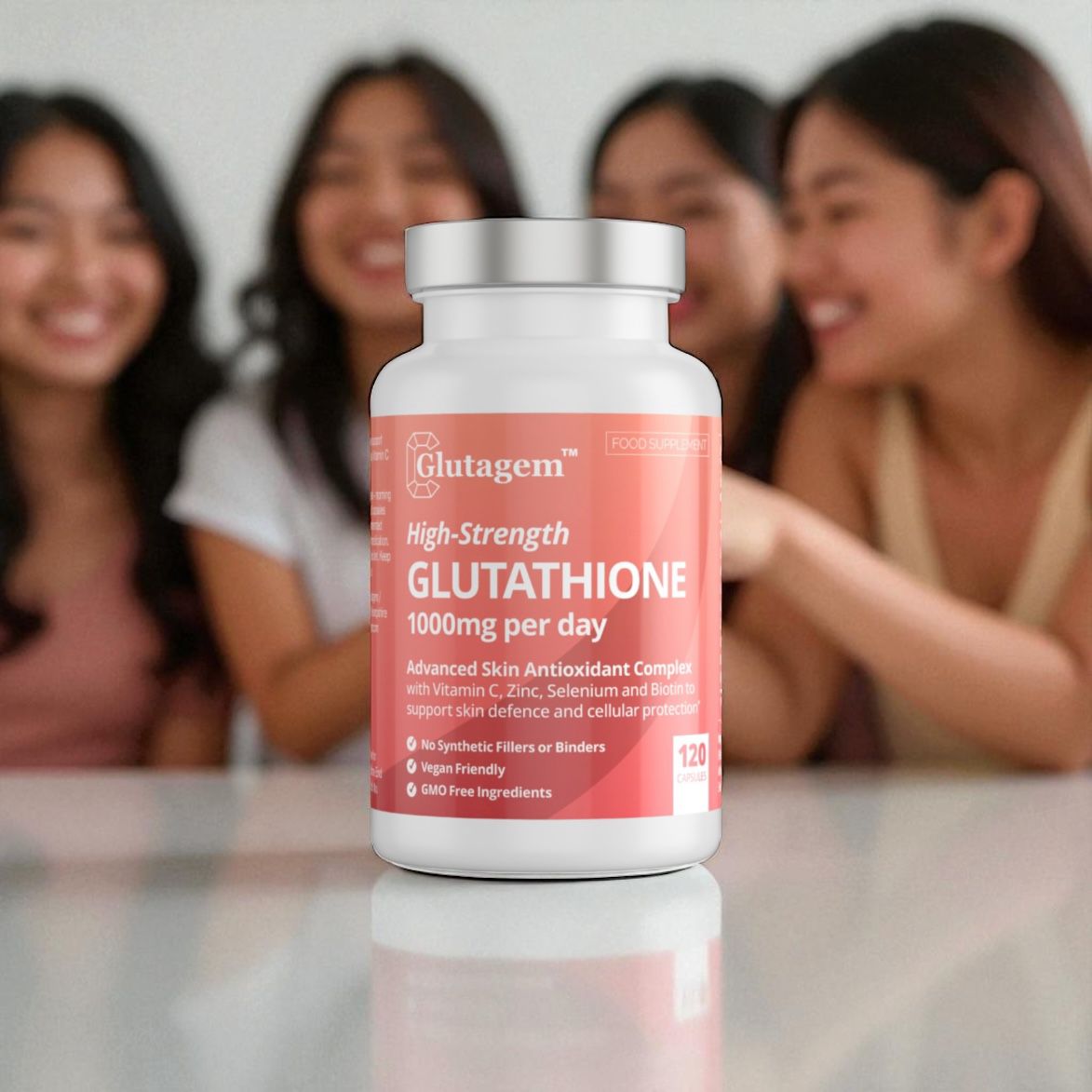 Glutagem Glutathione supplement bottle with a group of women in the background