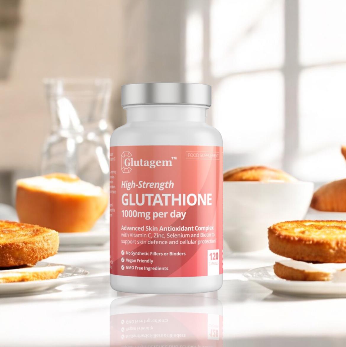 White tub of Glutagem Glutathione 1000mg per day supplement placed on a breakfast table with toast and glassware, styled in bright morning setting.