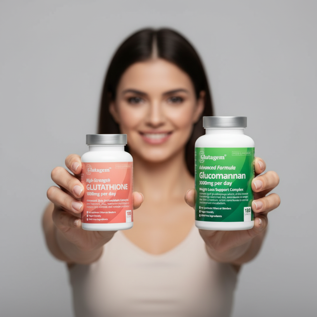 Woman holding Glutathione and Glucomannan supplement bottles