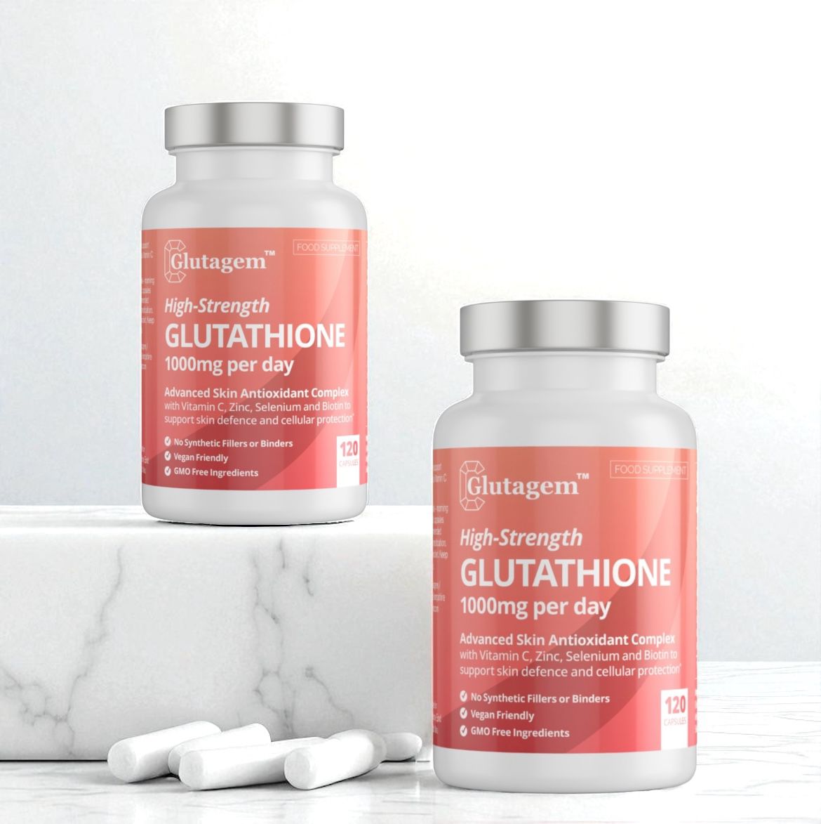 Two bottles of Glutagem High-Strength Glutathione on a marble surface with a white background. Discount offer for multi-packs. 