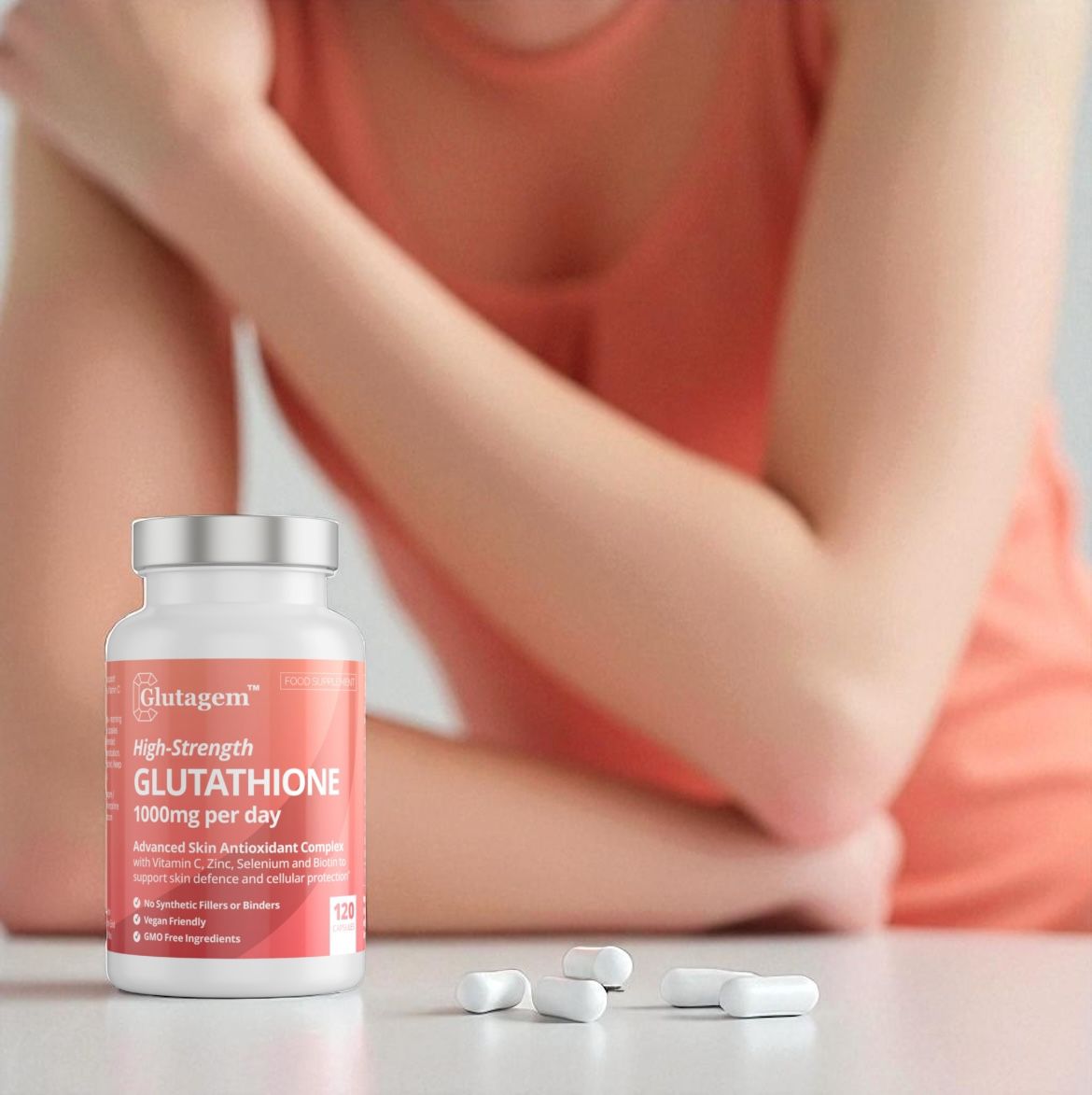 Glutagem Glutathione supplement bottle with a fair-skinned woman in the background. 