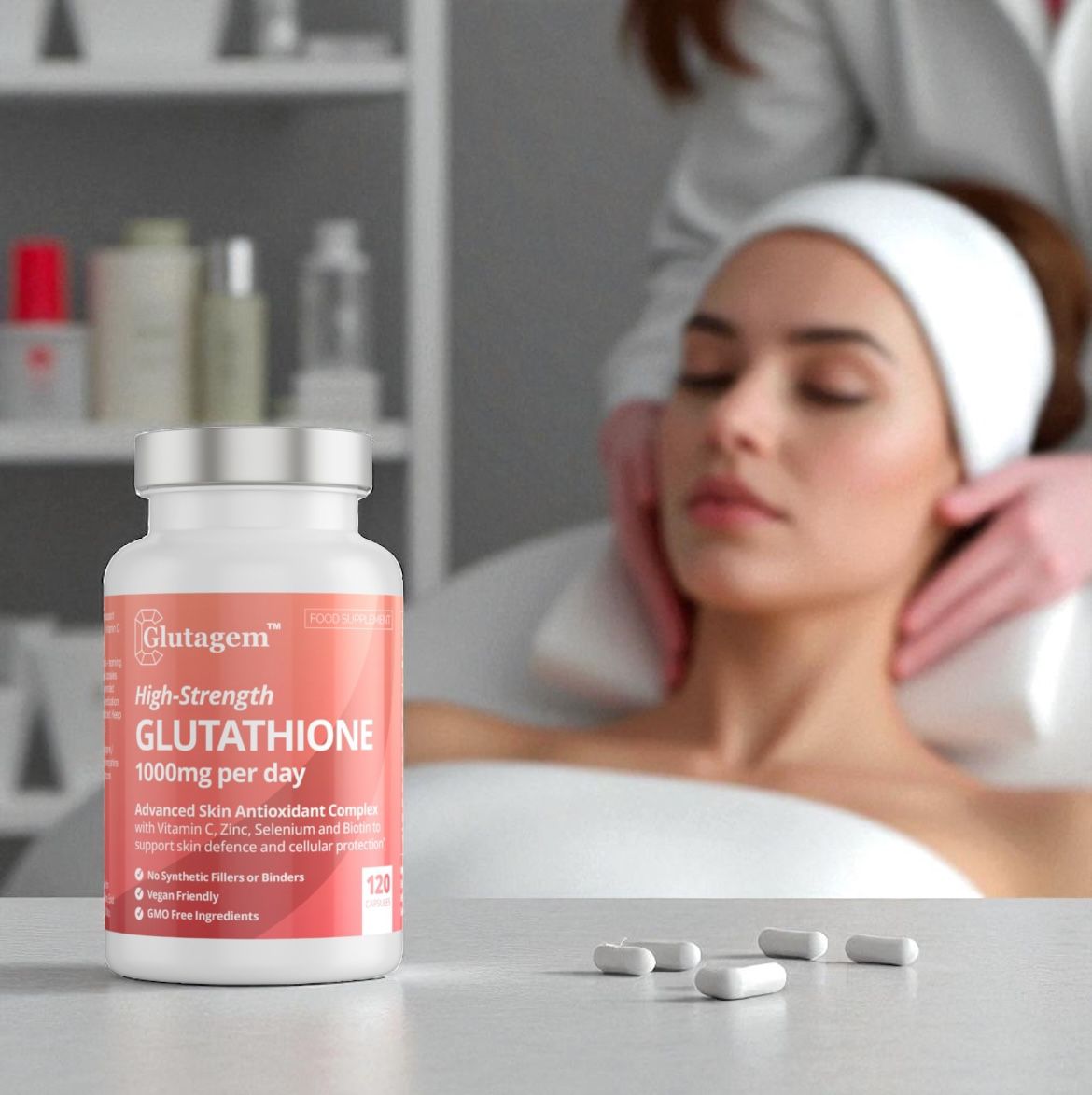 Glutagen High-Strength Glutathione supplement bottle with a woman receiving a facial in the background.
