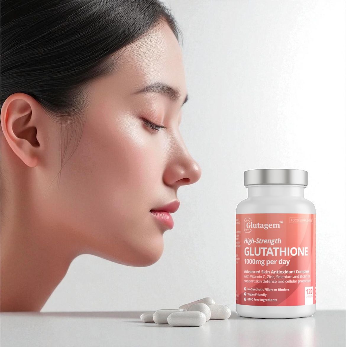 Woman's face with a bottle of Glutagem High-Strength Glutathione supplement on a light background