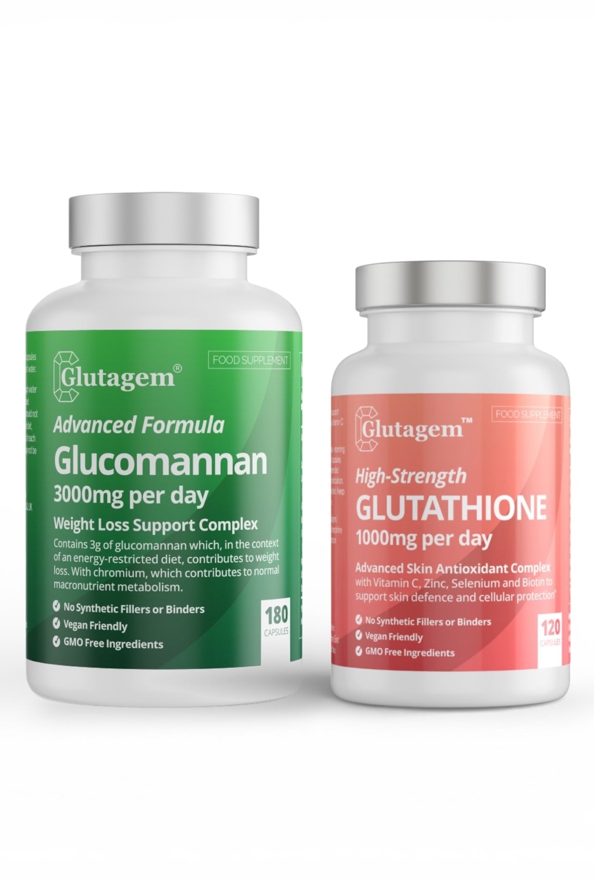 Two Glutagem supplement tubs, one Glucomannan and one Glutathione, on a white background.