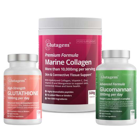 Power Trio! Glutagem® Glutathione PLUS Glucomannan PLUS Marine Collagen