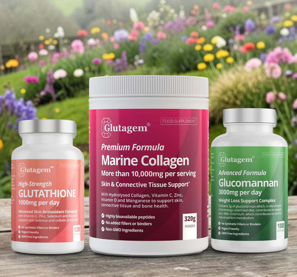 Power Trio! Glutagem® Glutathione PLUS Glucomannan PLUS Marine Collagen