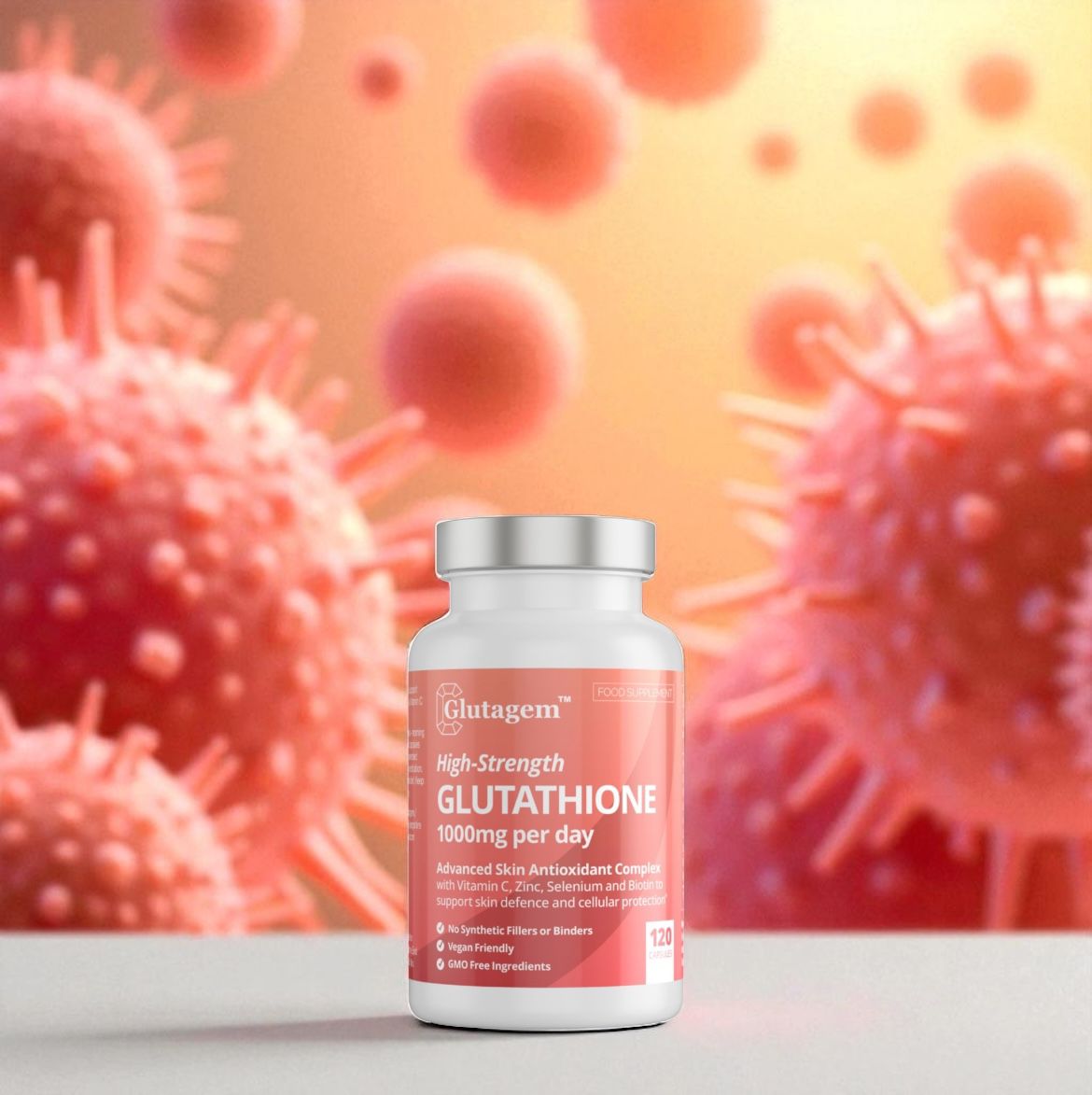 Glutagem Glutathione supplement tub with body cells in the background
depicting how the Glutagem supplement protects cells and supports detoxification to maintain healthy, radiant skin.