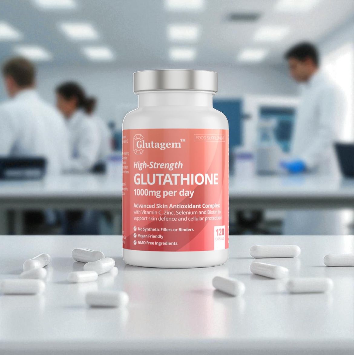 Glutagem Glutathione supplement bottle with pink label on a laboratory counter with pharmacists and lab technicians in the background.