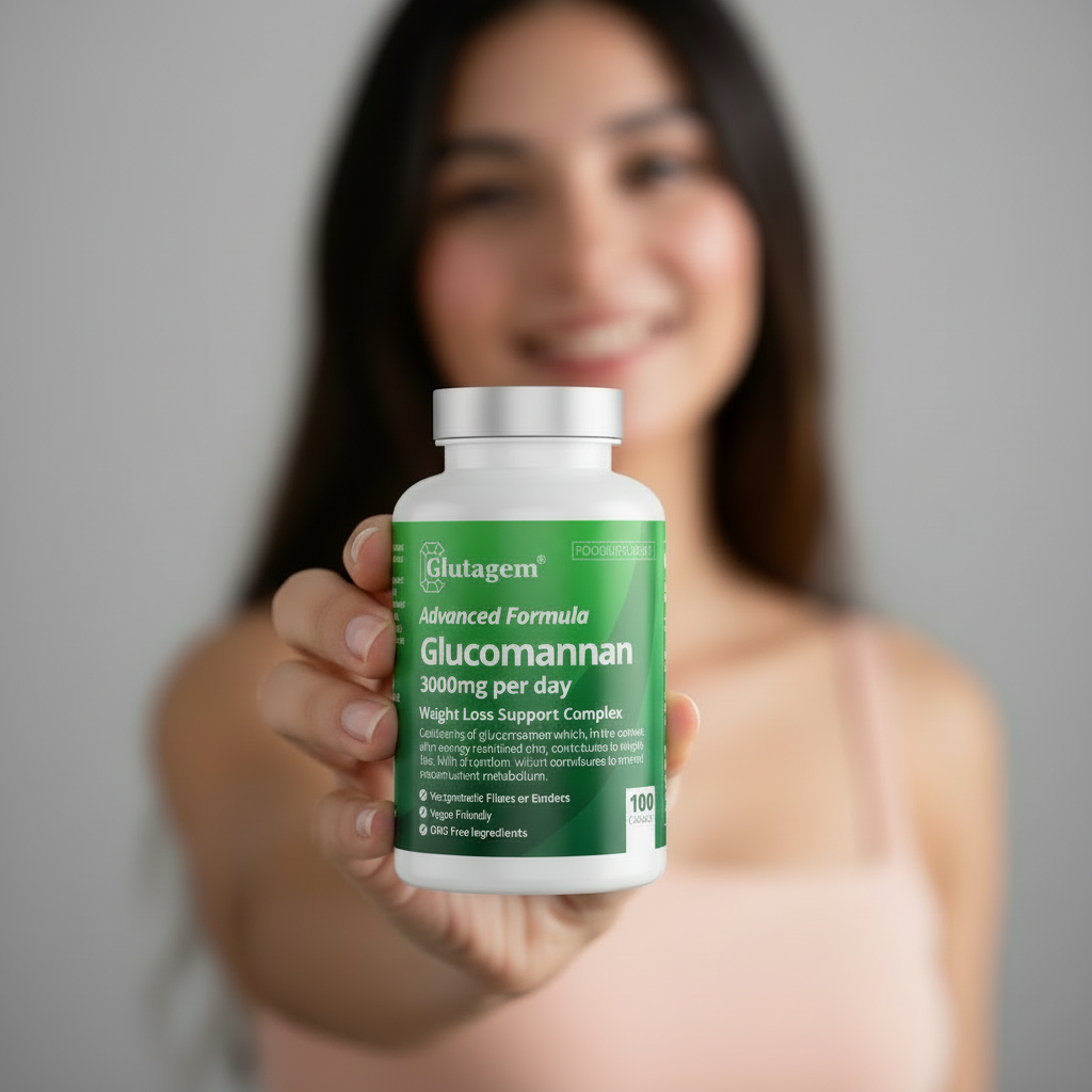 Woman holding large Glucomannan bottle