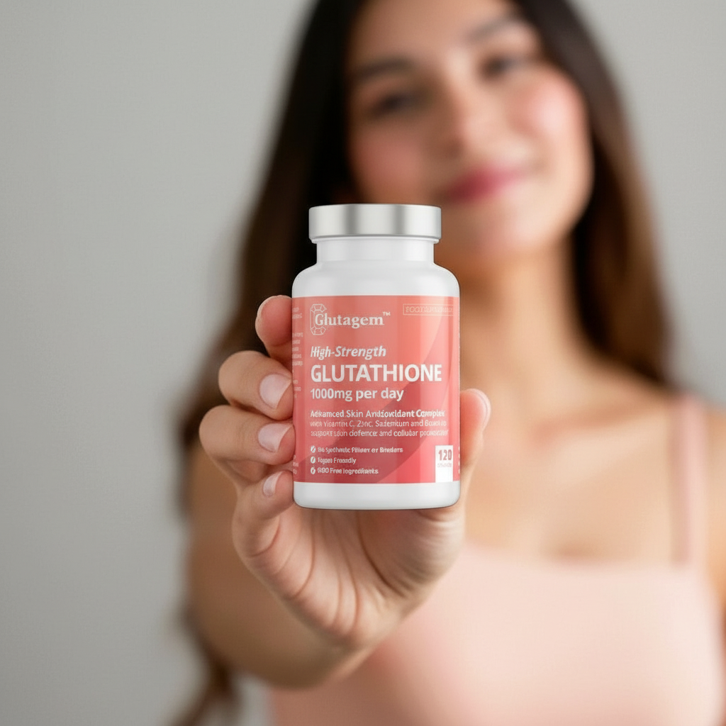 Woman holding small Glutathione bottle